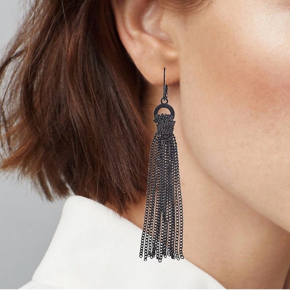 1928 Jewelry - NWOT 1928 Black Chandelier Drop Tassel Pierced Earrings Chains Rocker Chick